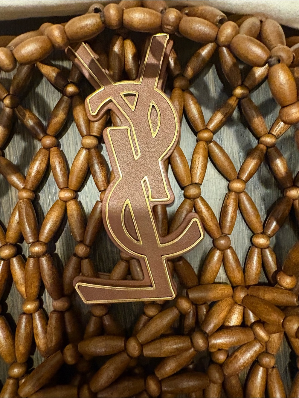 Saint Laurent Brown Woven Wood-Bead Icare medium yacht Tote with Gold YSL Italy - Picture 6 of 15